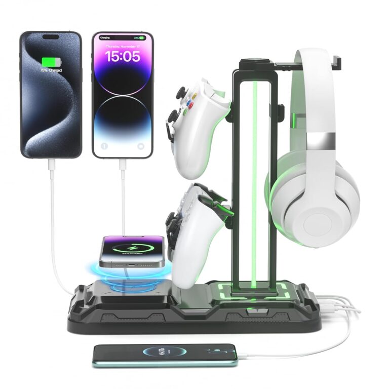 KDD Headphone & Controller Stand with Wireless Charging - Rotatable Headset Stand with 9 Light Modes - Controller Holder with 2 USB and Type C Ports - for Gamers Desktop...